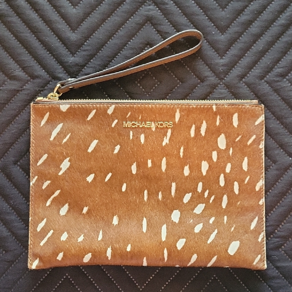 Michael Kors Tan and White Patterned Clutch